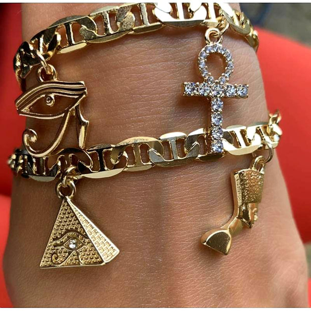 Nefertiti, Pyramid and Ankh Charm Bracelets (8 inches)